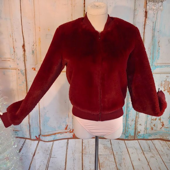 Forever21 soft plush teddy crew neck zip up jacket/size S /beautiful burgundy - Picture 5 of 10